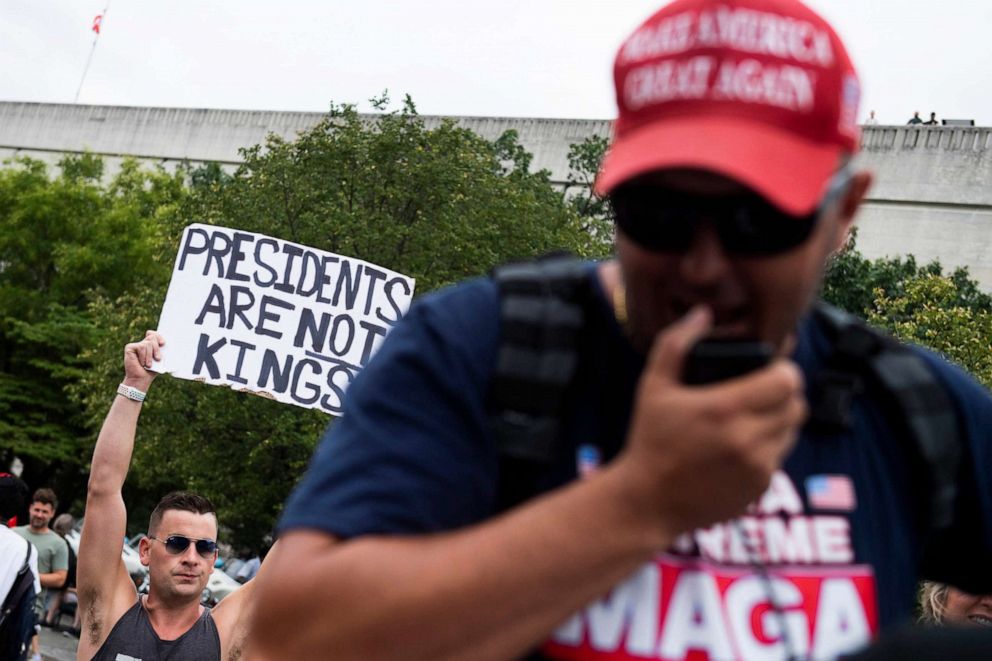 PHOTO: Protesters shout after gathering outside the E. Barrett Prettyman US Court House in Washington, DC, Aug. 3, 2023 in Washington, DC.