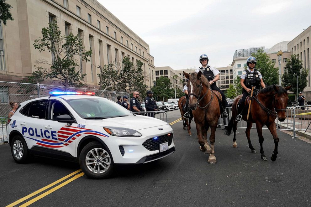 PHOTO: Mounted officers of the U.S. Park Police ride on the day former U.S. President Donald Trump, who is facing federal charges related to attempts to overturn his 2020 election defeat, appears at the U.S. District Court in Washington, Aug. 3, 2023.