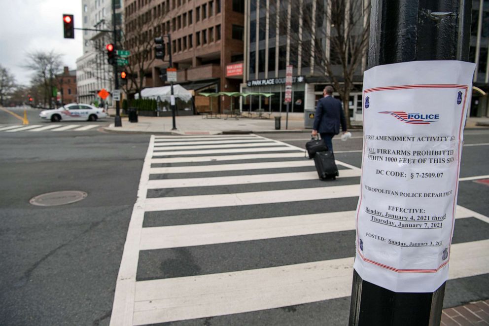 PHOTO: A sign warns that firearms are not permitted in the area around the White House in Washington, D.C., on Jan. 5, 2021, as large groups of people are expected to protest the 2020 election results on Jan. 6.