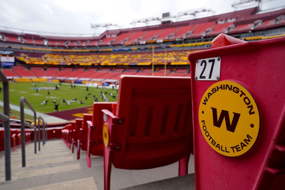PHOTO: In this Sept. 13, 2020, file photo, seats at Fedex Field display the Washington Football Team logo in Landover, Md.