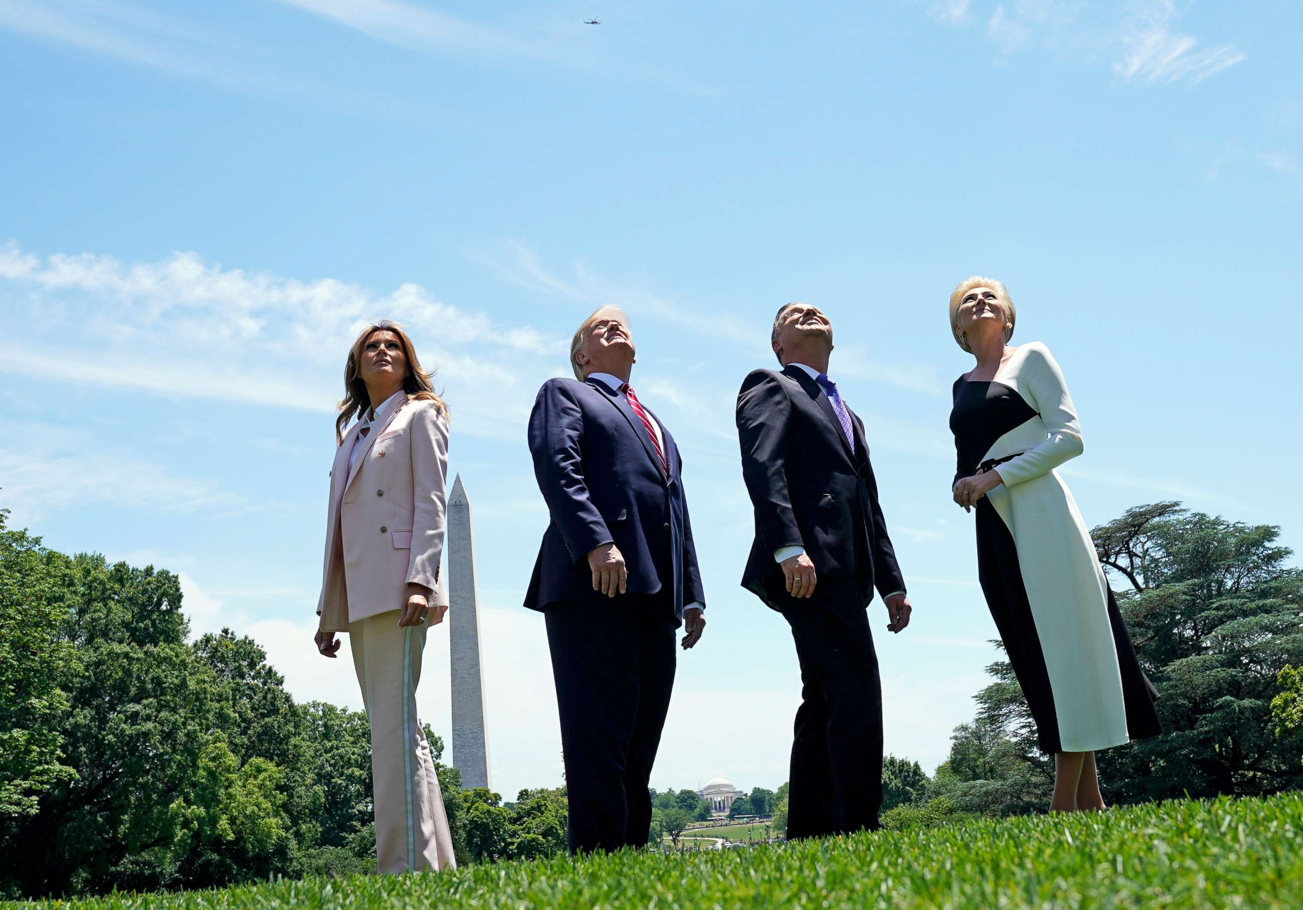 PHOTO: President Donald Trump and first lady Melania Trump watch for an approaching flyover with Poland's President Andrzej Duda and his wife, Agata Kornhauser-Duda at the White House in Washington, June 12, 2019.