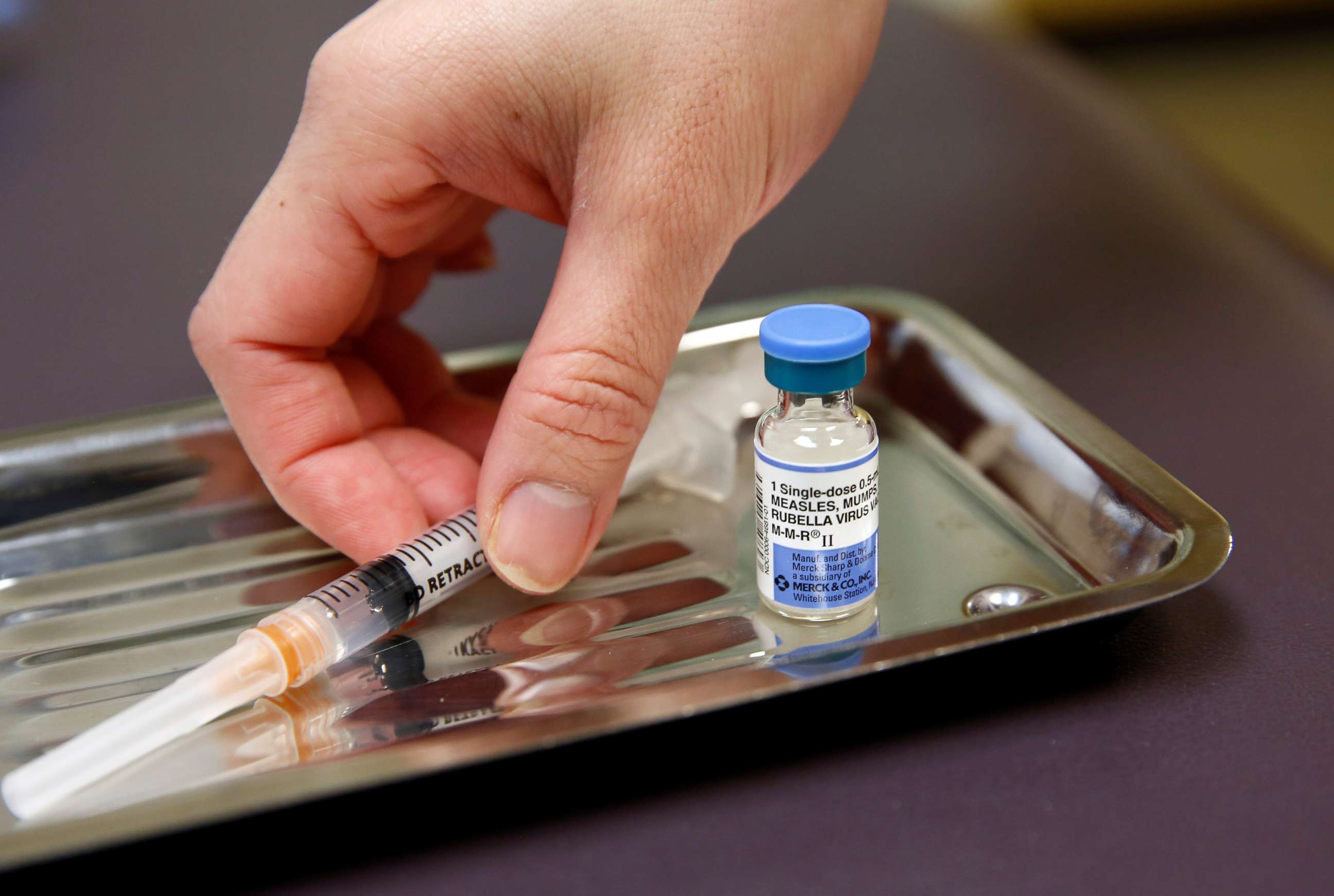 PHOTO: A vial of the measles, mumps, and rubella virus vaccine is pictured at the International Community Health Services clinic in Seattle, March 20, 2019.