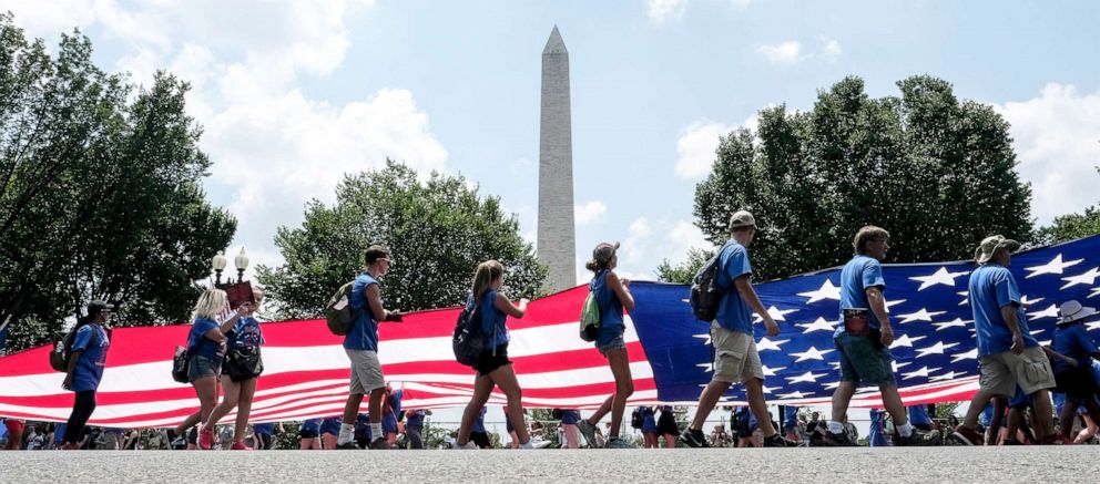 PHOTO: A giant flag is displayed during the National Independence Day Parade in Washington, D.C., July 4, 2018. 