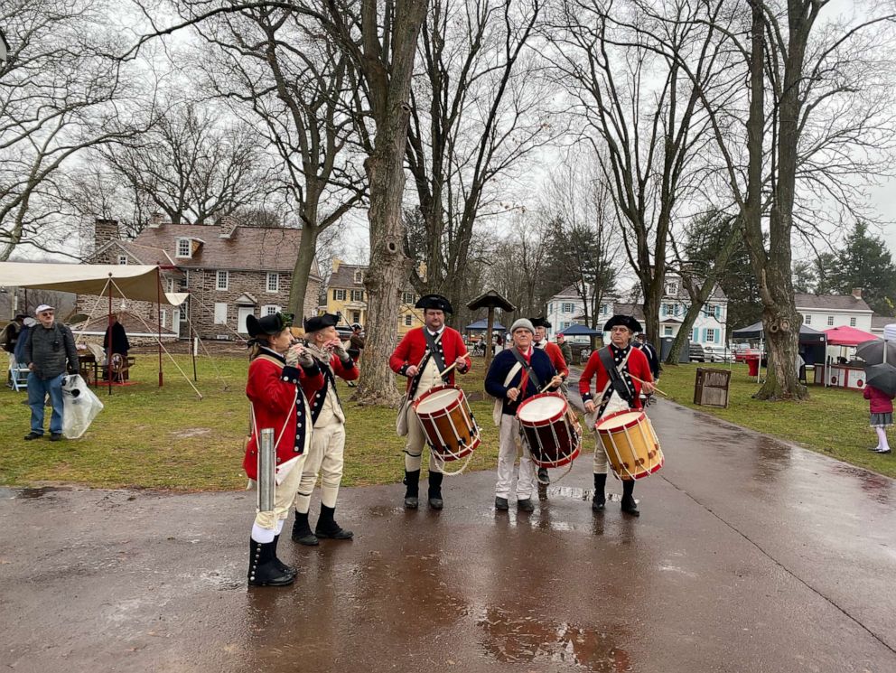 PHOTO: Reenactors participate in George Washington's crossing of the Delaware River in Bucks County, Pennsylvania, on Dec. 11, 2022.