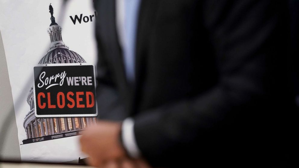A "Closed" sign is seen during a news conference after a House Democratic Caucus meeting at the U.S. Capitol, Jan. 9, 2019, in Washington, D.C.