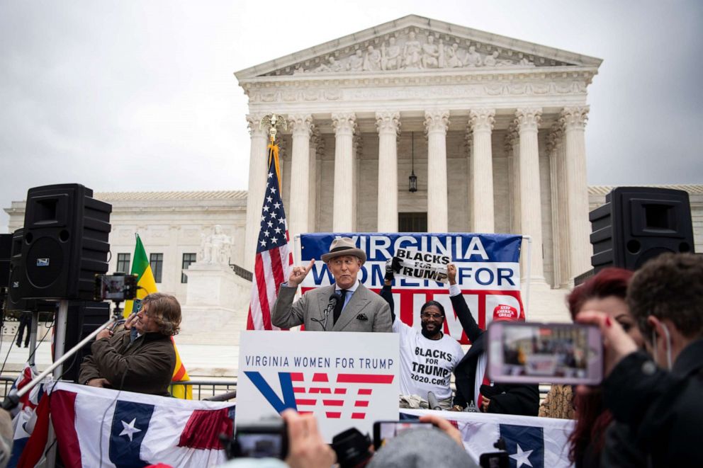 PHOTO: Roger Stone, former advisor to President Trump, speaks to a group of Trump supporters outside of the U.S. Supreme Court in Washington on Jan. 5, 2021.