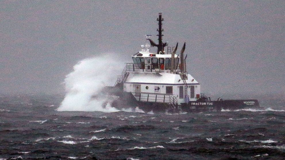 PHOTO: The tugboat, Rich Padden, is battered by waves as it heads out to relocate to a new port on Puget Sound in a windstorm, Nov. 13, 2017, in Seattle. 