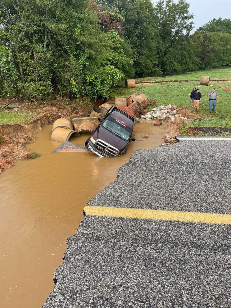 PHOTO: A portion of Highway 489 washed away due to flood water in Newton County near Marrow Road, Miss., in a photo released by Highway Safety Patrol, Aug. 24, 2022. 