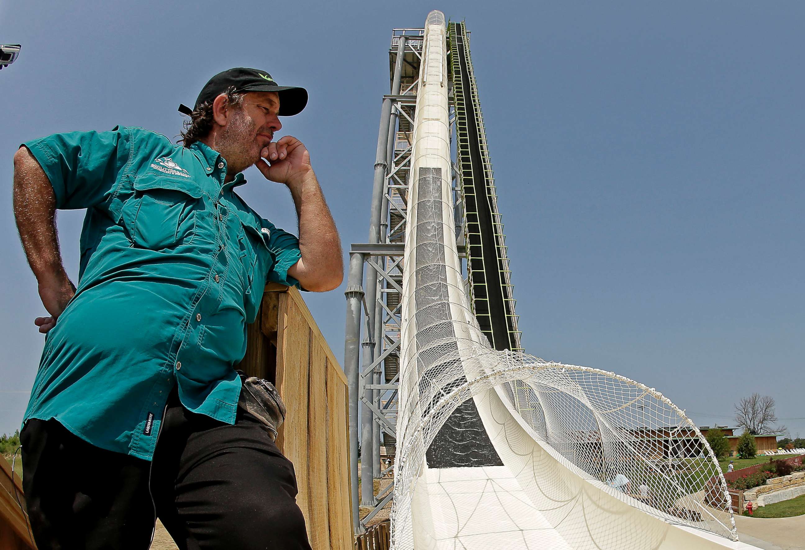 PHOTO: In this July 9, 2014, file photo, ride designer Jeffery Henry looks over his creation, the world's tallest waterslide called "Verruckt" at Schlitterbahn Waterpark in Kansas City, Kan.