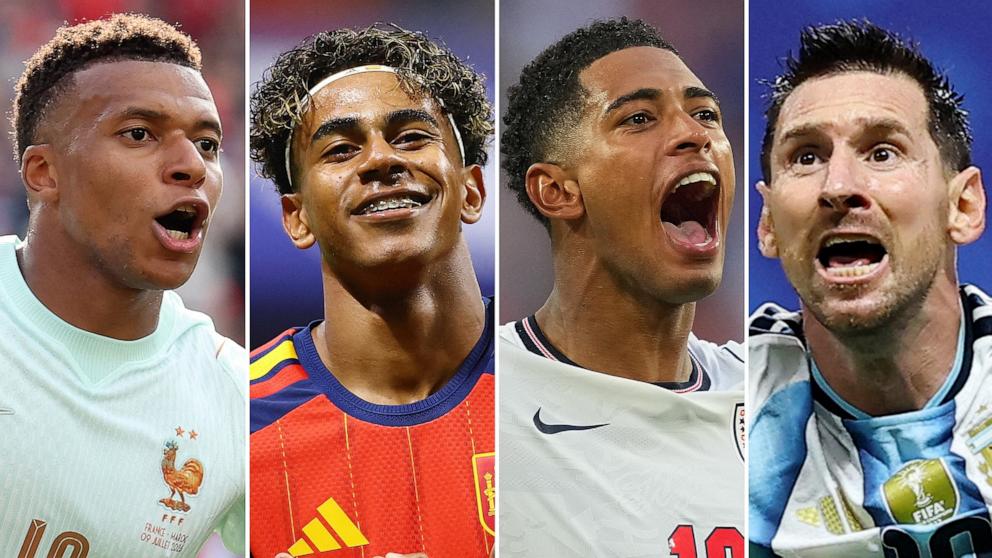 PHOTO: France's Kylian Mbappe in Foxborough, July 9, 2026, Spain's Lamine Yamal in Atlanta, June 21, 2026, England's Jude Bellingham in Miami Gardens, Fla., July 11, 2026 and Argentina's Lionel Messi in Atlanta, July 7, 2026.