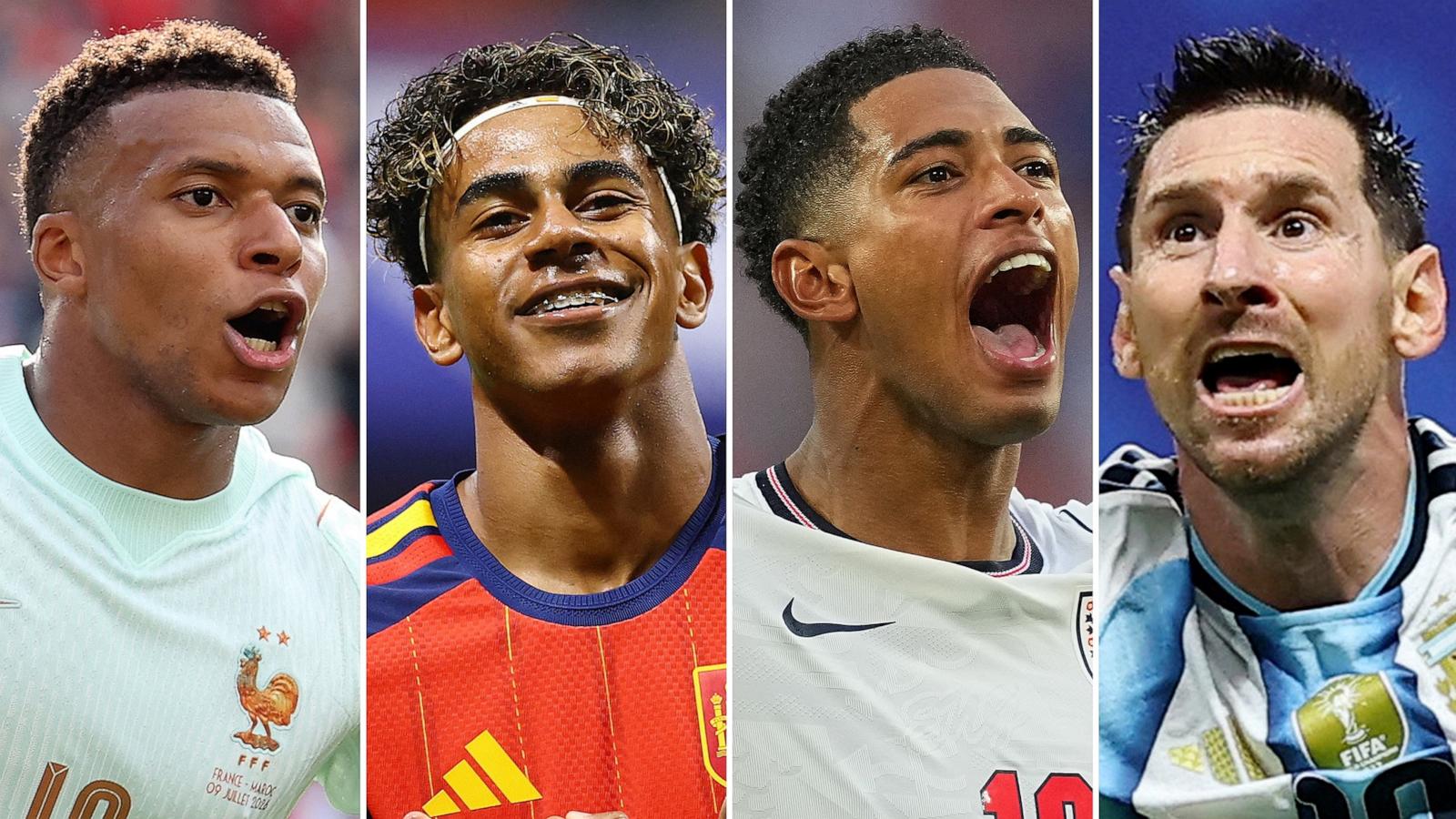 PHOTO: France's Kylian Mbappe in Foxborough, July 9, 2026, Spain's Lamine Yamal in Atlanta, June 21, 2026, England's Jude Bellingham in Miami Gardens, Fla., July 11, 2026 and Argentina's Lionel Messi in Atlanta, July 7, 2026.