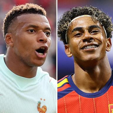 PHOTO: France's Kylian Mbappe in Foxborough, July 9, 2026, Spain's Lamine Yamal in Atlanta, June 21, 2026, England's Jude Bellingham in Miami Gardens, Fla., July 11, 2026 and Argentina's Lionel Messi in Atlanta, July 7, 2026.