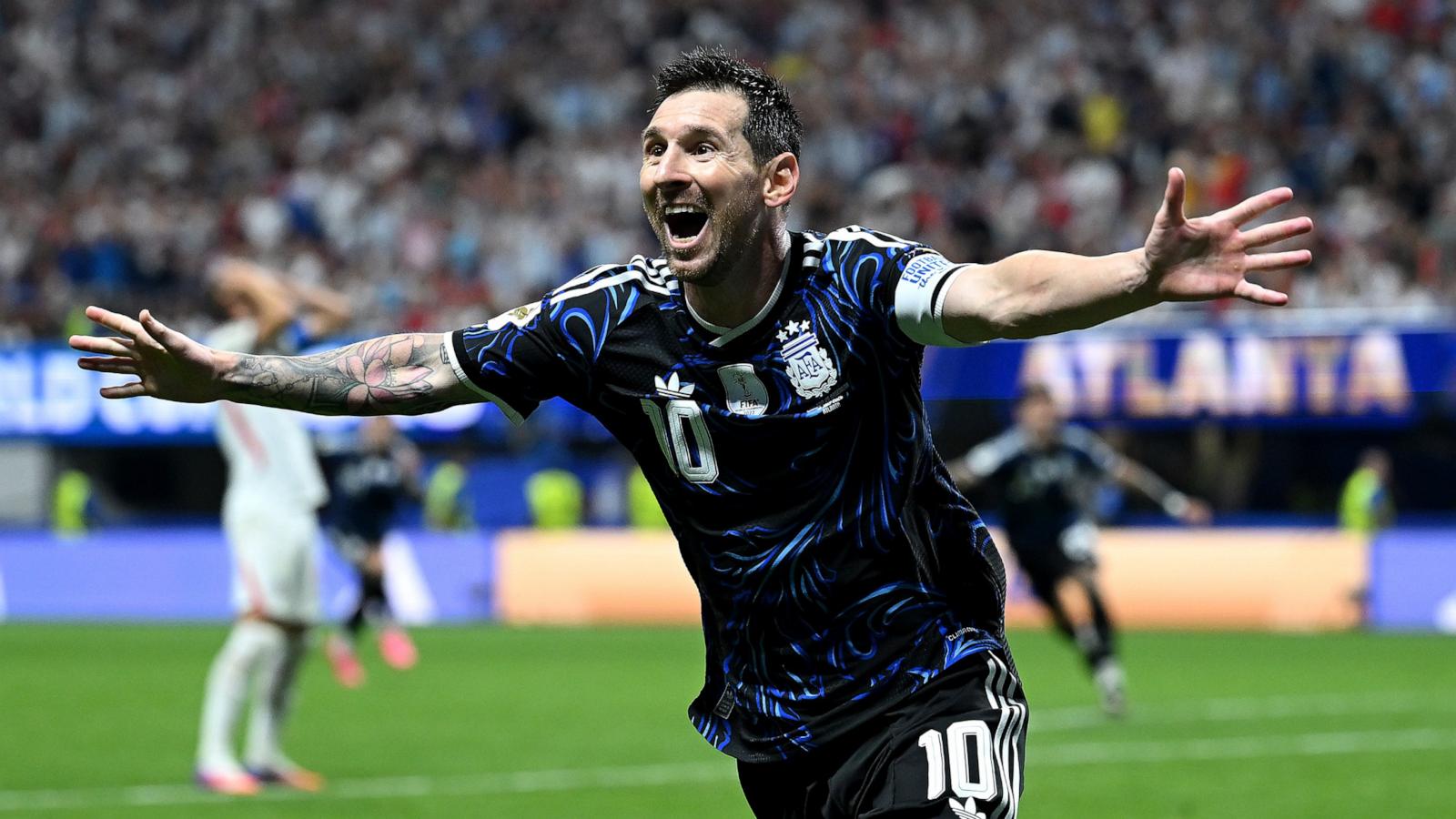 PHOTO: Lionel Messi of Argentina celebrates the team's second goal by Lautaro Martinez against England during their FIFA World Cup 2026 semi-final match in Atlanta, July 15, 2026.