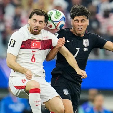 PHOTO: United States' Giovanni Reyna and Turkey's Orkun Kokcu battle for the ball during their FIFA World Cup 2026 Group D soccer match in Los Angeles, June 25, 2026. 