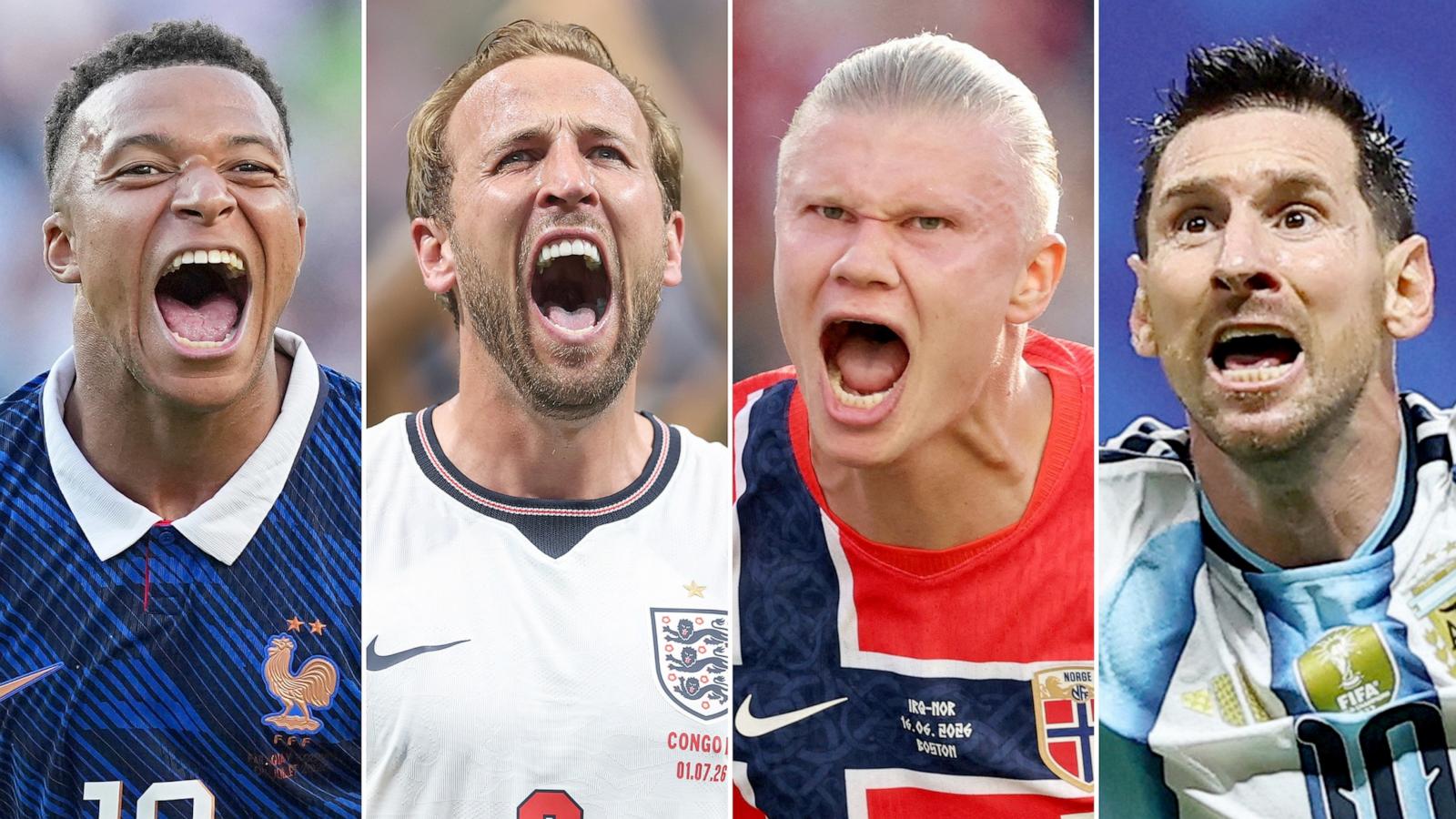 PHOTO: Top goal scores heading into the quarterfinals round of the FIFA World Cup 2026, France's Kylian Mbappe, England's Harry Kane, Norway's Erling Haaland and Argentina's Lionel Messi.