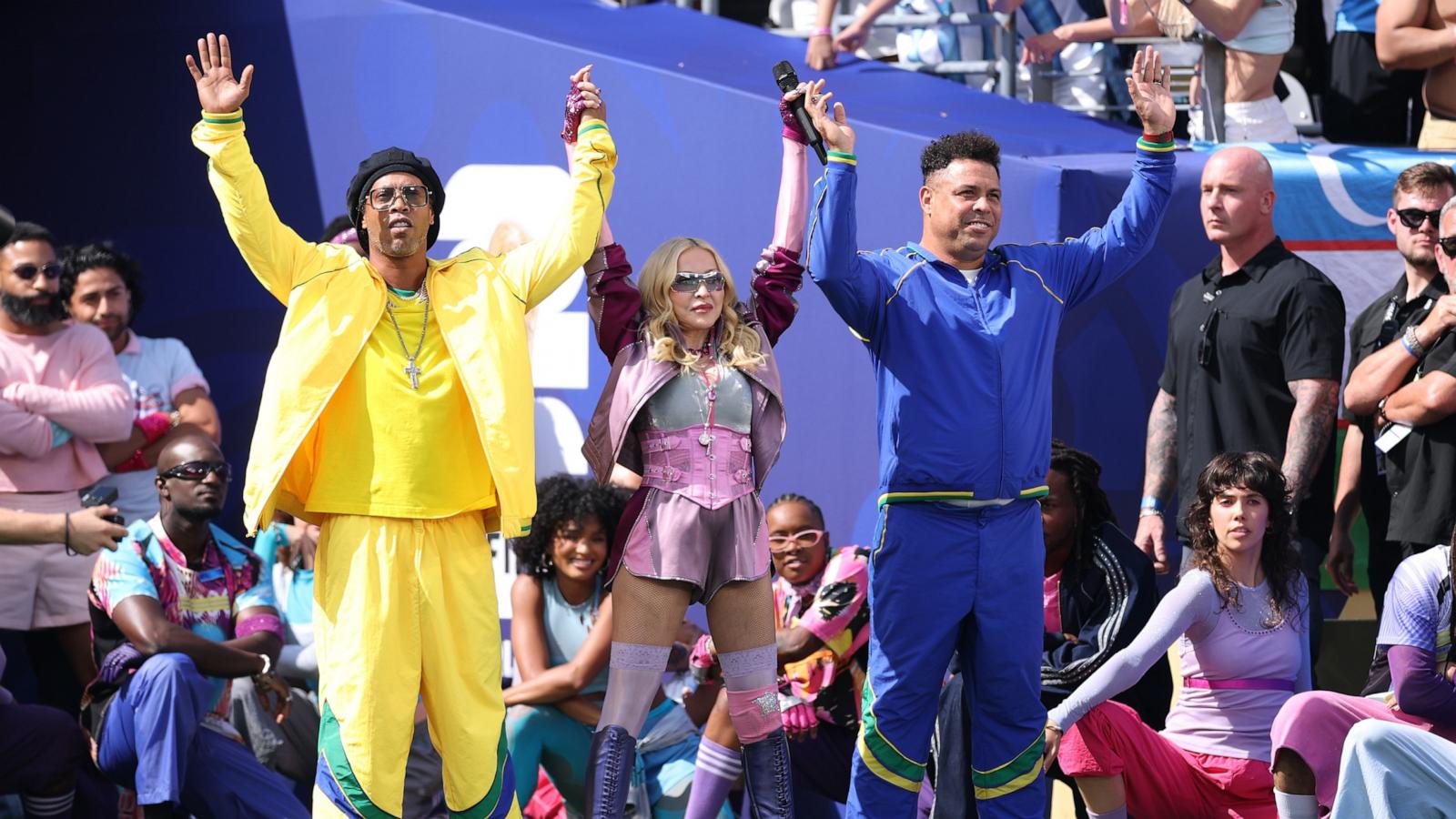 PHOTO: Madonna performs flanked by former Brazilian soccer players Ronaldinho (L) and Ronaldo during the halftime show for the FIFA World Cup 2026 final match in New Jersey, July 19, 2026.