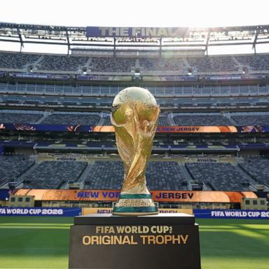 PHOTO: The FIFA World Cup Trophy is displayed at New York/New Jersey Stadium ahead of the FIFA World Cup Final, July 15, 2026 in East Rutherford, New Jersey.