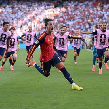 PHOTO: Ferran Torres of Spain celebrates scoring his team's first goal against Argentina during the FIFA World Cup 2026 final match, July 19, 2026, in East Rutherford, New Jersey. 