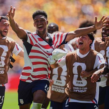 PHOTO: United States' Alex Freeman celebrates with teammates after scoring his side's second goal against Australia during their FIFA World Cup Group D soccer match in Seattle, June 19, 2026.
