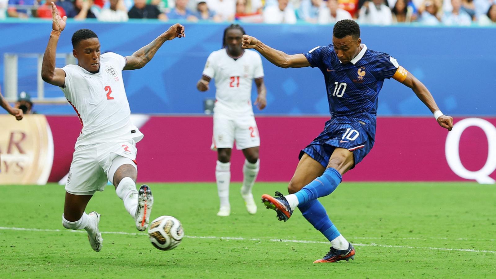 PHOTO: France's Kylian Mbappe scores their second goal against England during their FIFA World Cup 2026 third-place soccer match, in Miami Gardens, Fla., July 18, 2026.