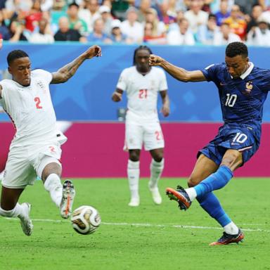 PHOTO: France's Kylian Mbappe scores their second goal against England during their FIFA World Cup 2026 third-place soccer match, in Miami Gardens, Fla., July 18, 2026. 