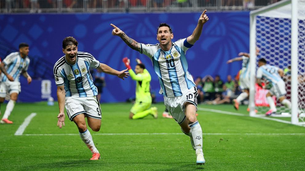 PHOTO: Argentina's Lionel Messi celebrates scoring their second goal against Egypt during their 2026 World Cup round of 16 football match in Atlanta, July 7, 2026.