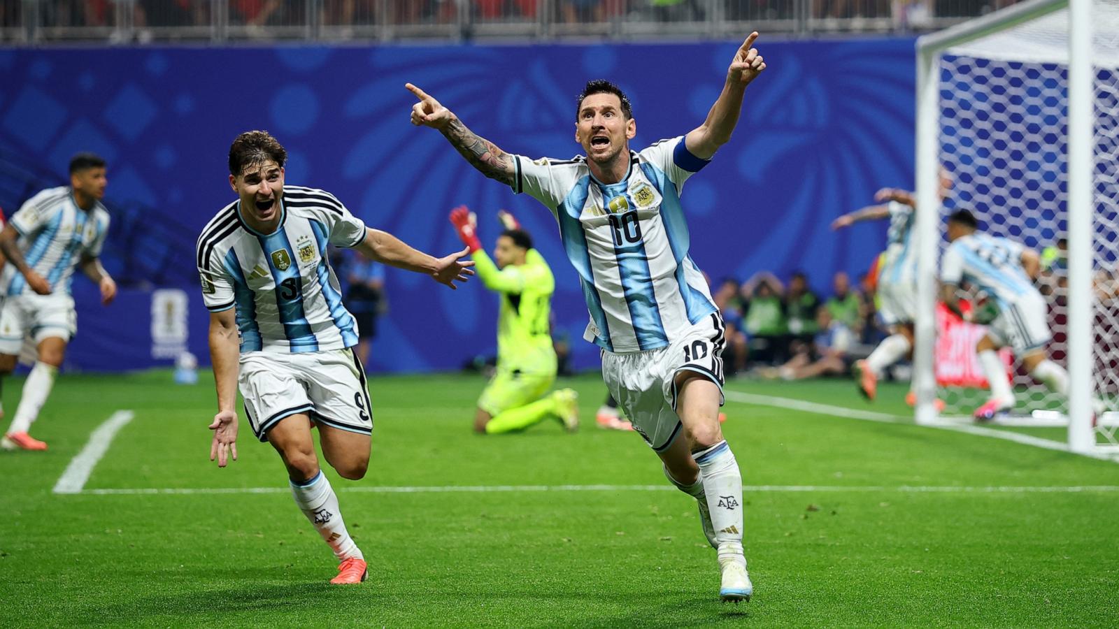PHOTO: Argentina's Lionel Messi celebrates scoring their second goal against Egypt during their 2026 World Cup round of 16 football match in Atlanta, July 7, 2026.