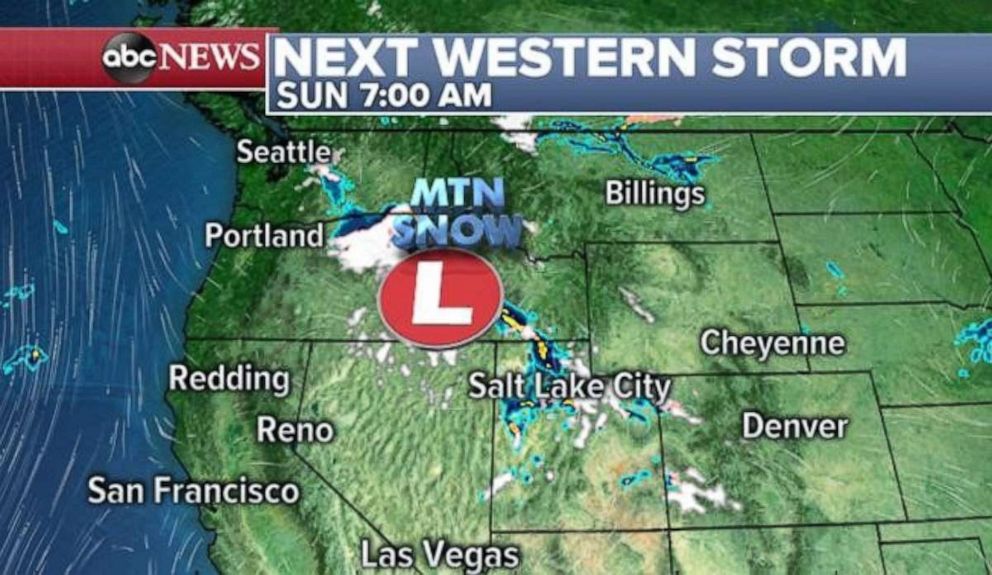 PHOTO: Mountain snow is moving into the Northern Rockies and Southern Cascades on Sunday morning.