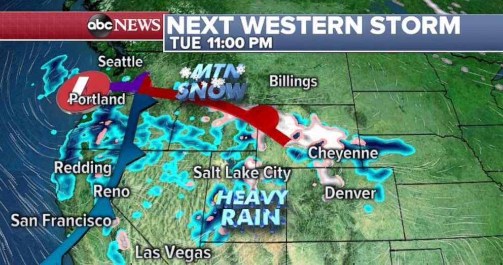 PHOTO: Heavy rain and some mountain snow are possible in the West on Tuesday night.