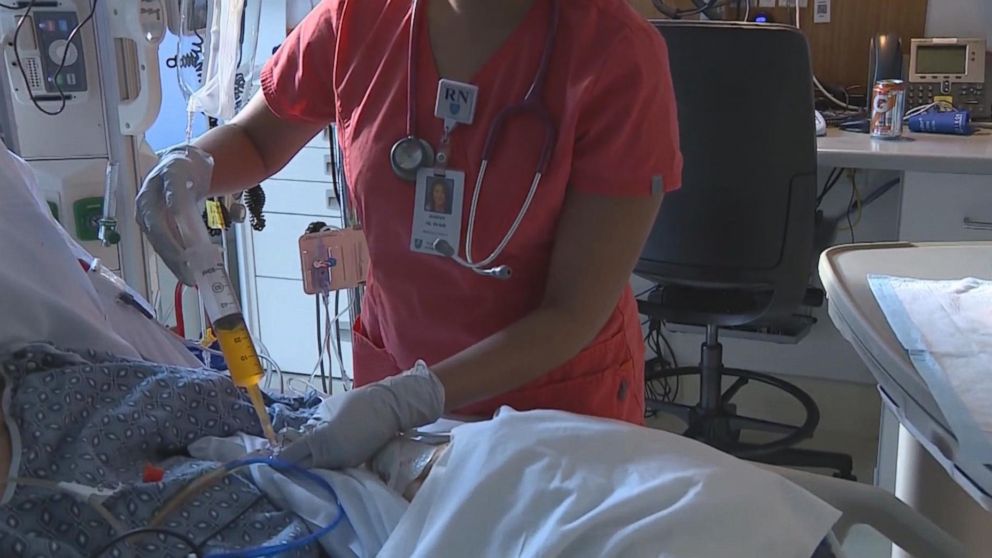 PHOTO: Due to a widespread shortage of IV bags connected to Hurricane Maria, a patient in need of vital fluids is being pumped with Gatorade via a stomach tube at Massachusetts General Hospital in Boston.