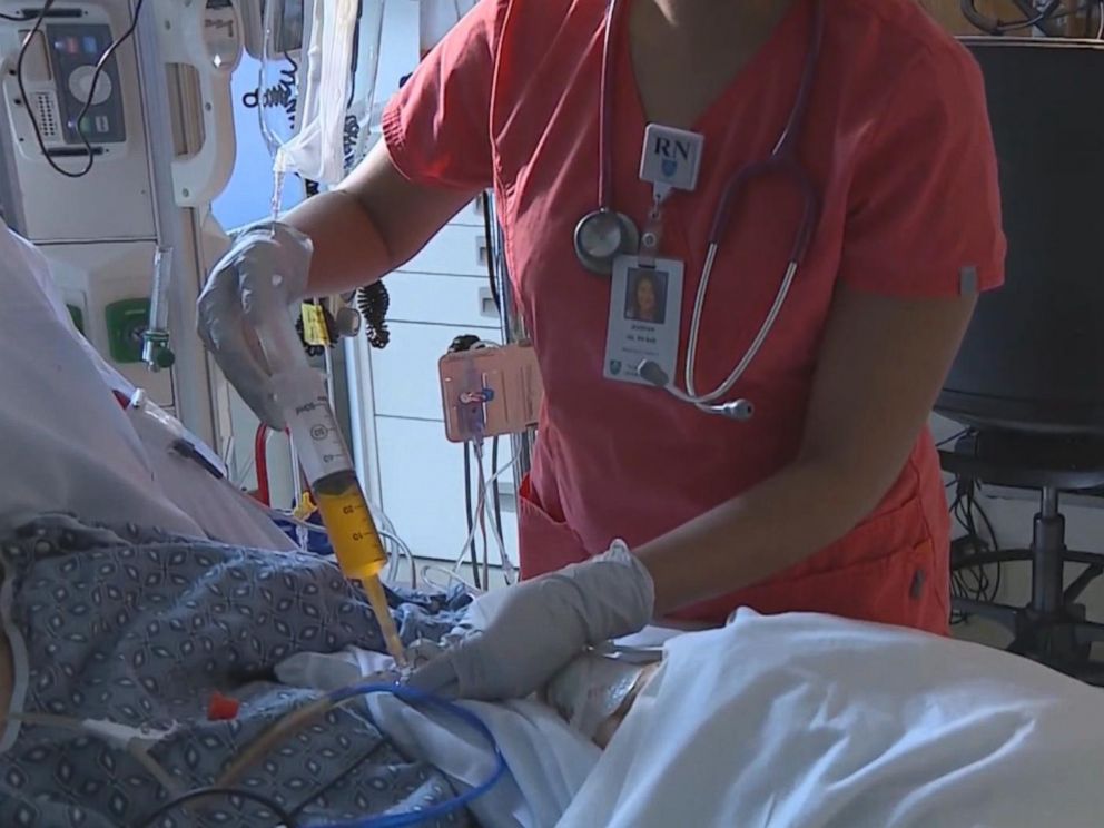 PHOTO: Due to a widespread shortage of IV bags connected to Hurricane Maria, a patient in need of vital fluids is being pumped with Gatorade via a stomach tube at Massachusetts General Hospital in Boston.