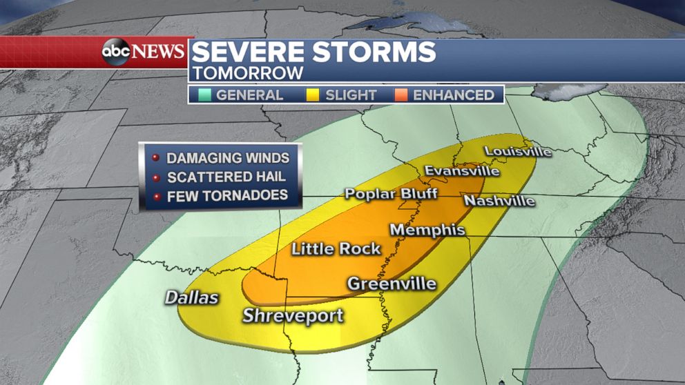 PHOTO: Severe Storms are expected in the South on Saturday afternoon and evening.