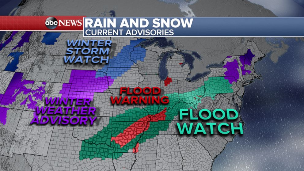 PHOTO: Flood Watches and Winter Weather Alerts are in effect for several states