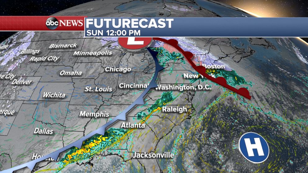 PHOTO: A front pushes east with rain along the coast on Sunday.