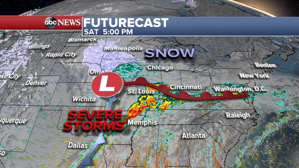 PHOTO: Heavy Snow in the Midwest and severe storms in the South on Saturday afternoon.