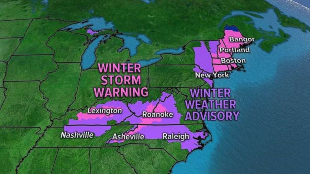 Winter storm warnings have been issued from Tennessee to North Carolina to Maine.