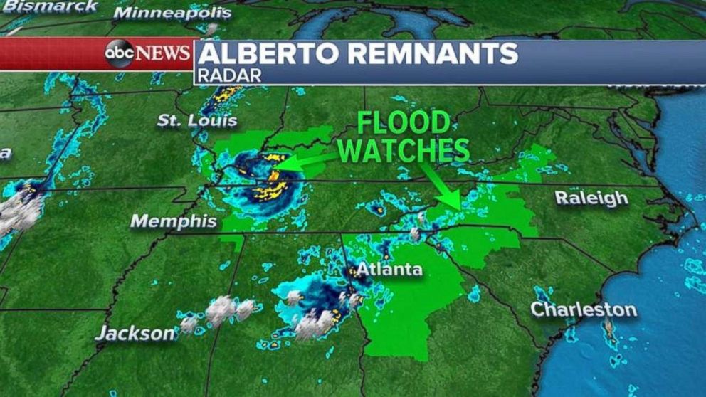 Remnants of Alberto have lead to flood watches in at least two regions today.