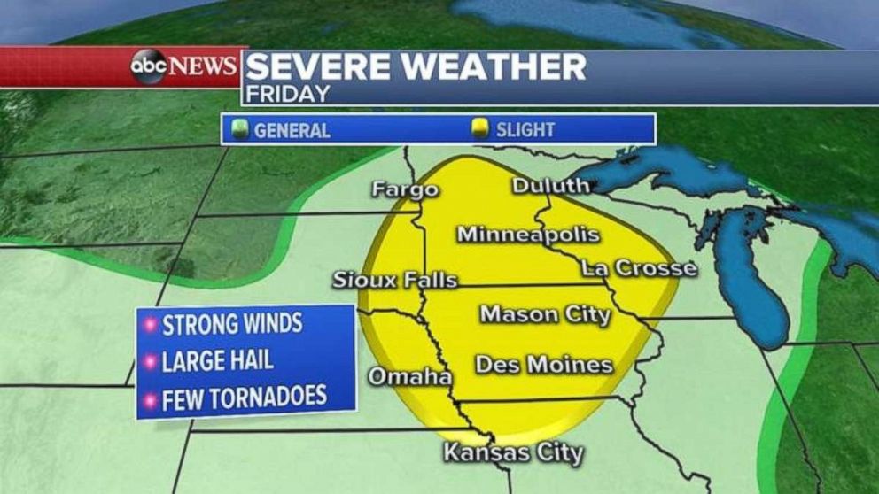 Severe weather today may strike from Kansas City all the way up to Duluth.