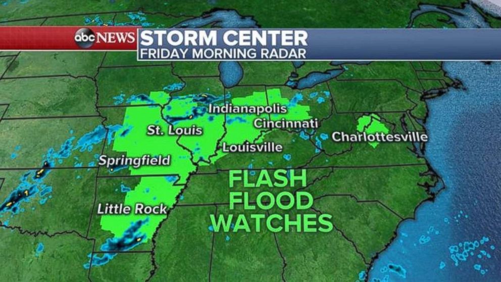Flash flood watches this morning stretch from Arkansas to Maryland.