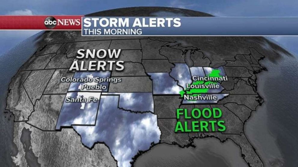 Snow and flood alerts have been issued over a large swath of the country.