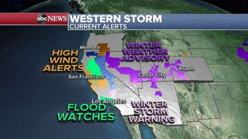 Alerts have been issued up and down the West Coast and in adjoining states as storms target the region.