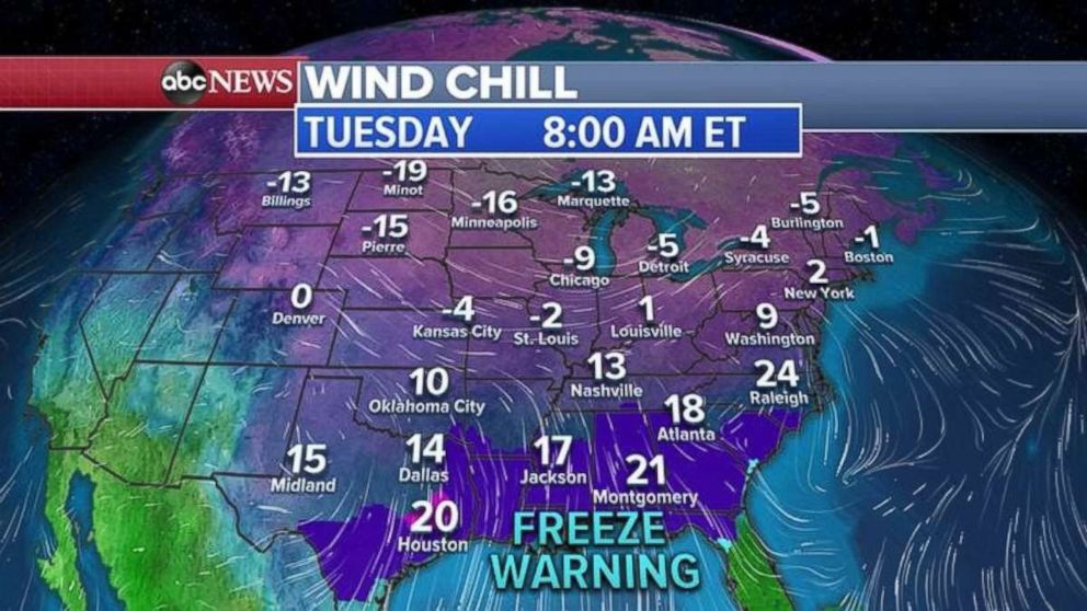 PHOTO: Wind chills this morning, even in the Deep South, are well below freezing.