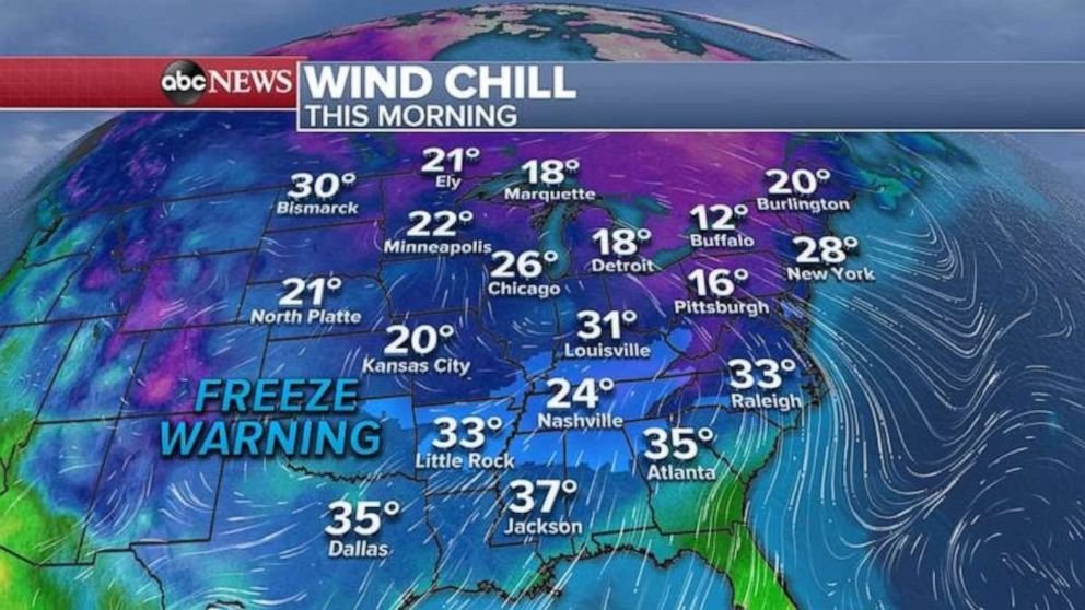 PHOTO: Wind chills this morning from the Midwest to the East Coast are once again extremely low.