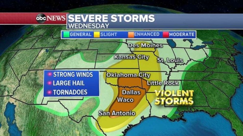 PHOTO: Severe weather on Wednesday will stretch across most of the central U.S.