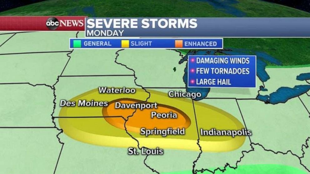 PHOTO: Severe storms are expected over a wide section of the Midwest on Monday.