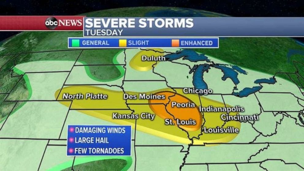 PHOTO: Tuesday's forecast includes severe storms in the Midwest.
