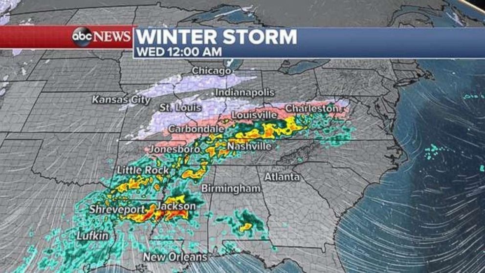 PHOTO: By early Wednesday the brunt of the storm will begin with snow, ice, and rain from Chicago to Louisiana.