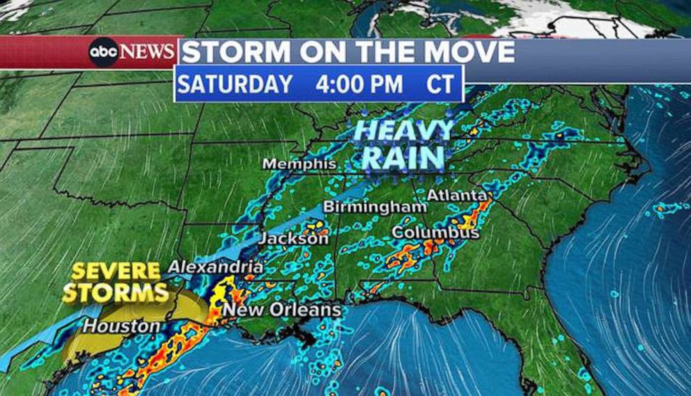 PHOTO: An ABC News weather map released on Dec. 18, 2021, shows heavy rain moving over the Southern United States. 