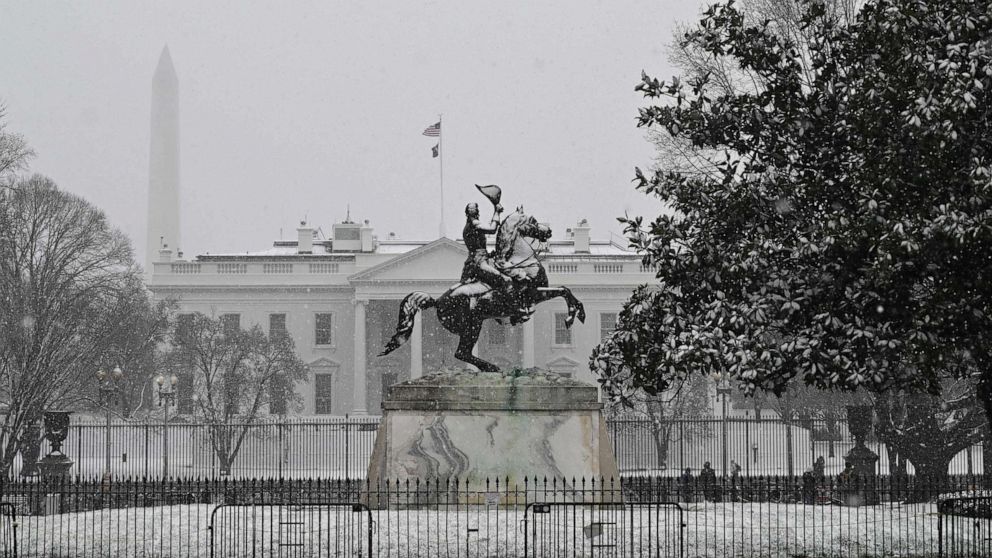 PHOTO: Snow falls on March 12, 2022 at the White House in Washington, D.C., during a late winter storm.