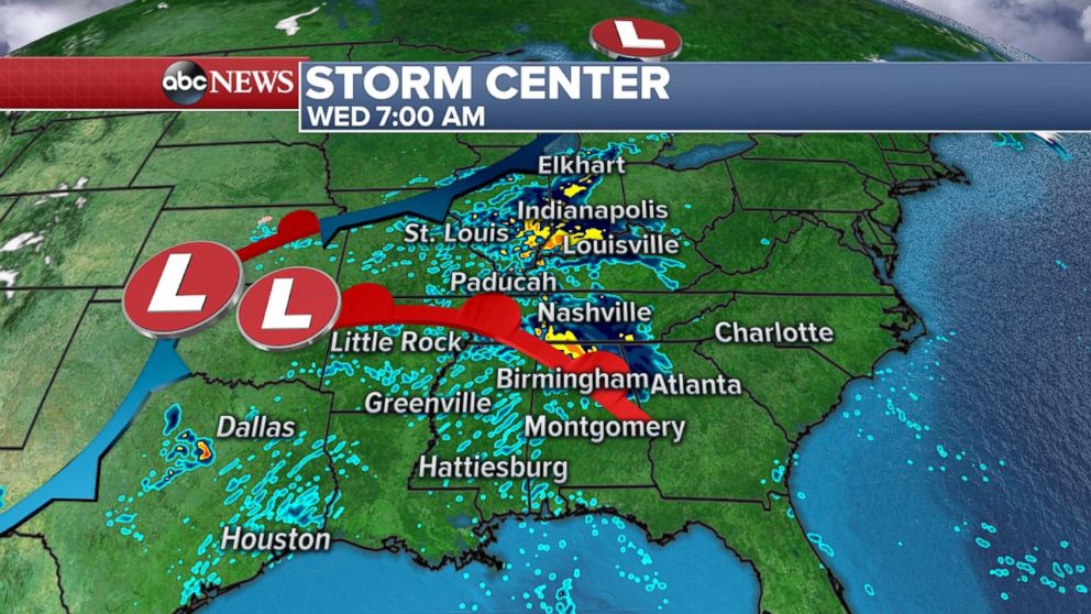 More scattered storms are expected tomorrow morning from Houston all the way up past Indianapolis.